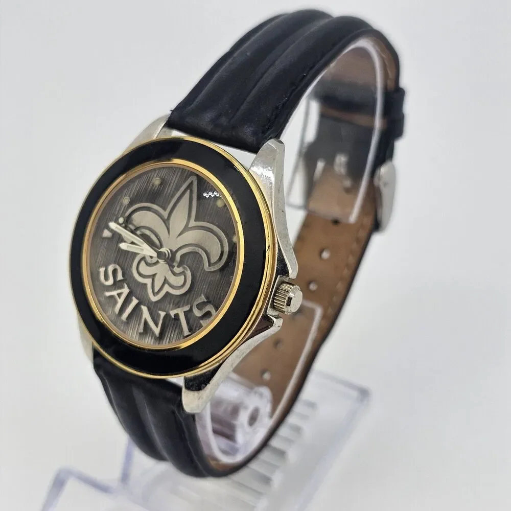 VTG Fossil New Orleans Saints NFL Men Watch 37MM Black Leather Bands New Battery